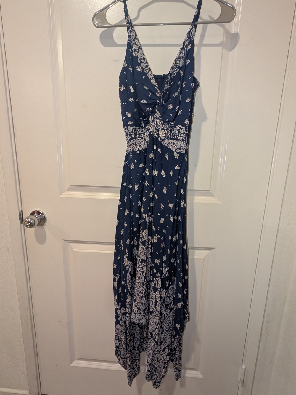 Angie Navy and White Floral Maxi Dress with Spaghetti Straps